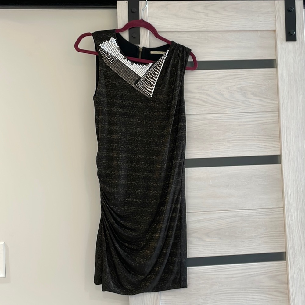 TWELTH STREET BY CYNTHIA VINCENT black and gold fleck stretchy cocktail dress.